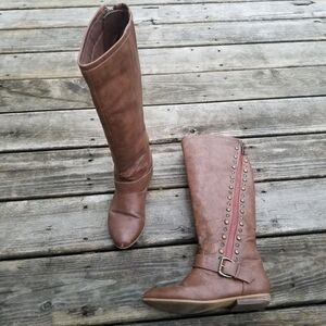 Y2k Not Rated Brown Faux Vegan Leather Exposed Zipper Stud Rhinestone Tall Boots